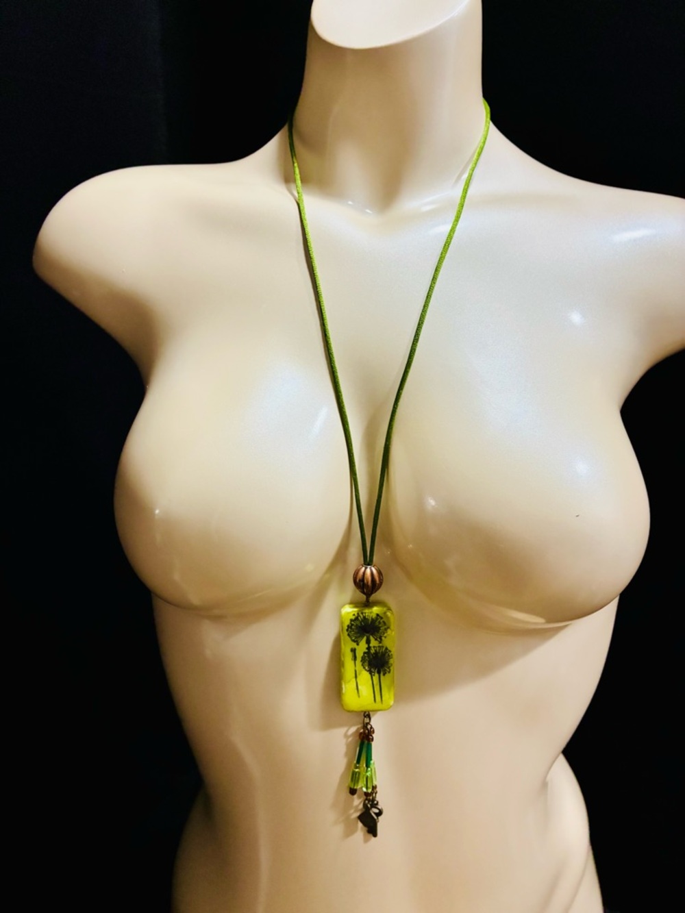 Green Dandelion Decoupage Domino Pendant Necklace with Bead & Charm Tassel EUC